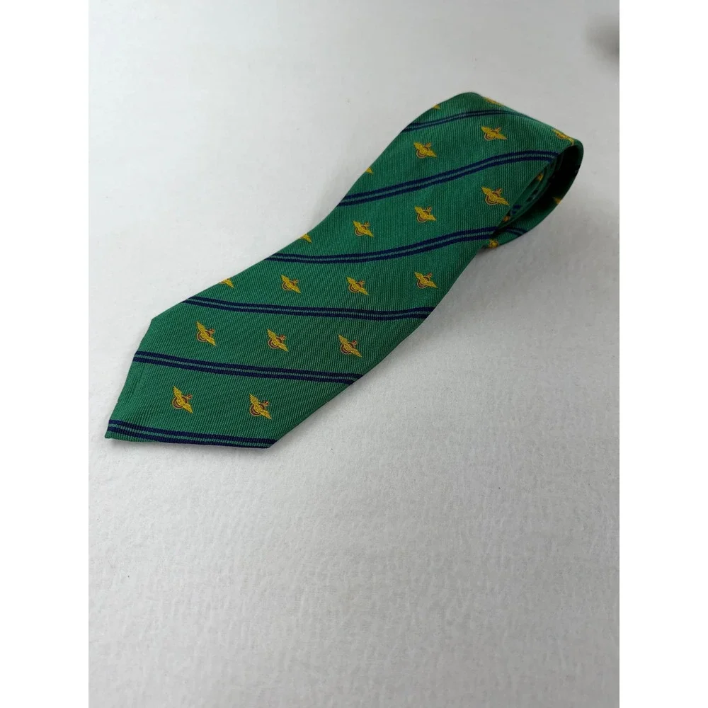 Polo Ralph Lauren Silk Tie Green Navy Blue Striped Gold Crest Embroidered Mens